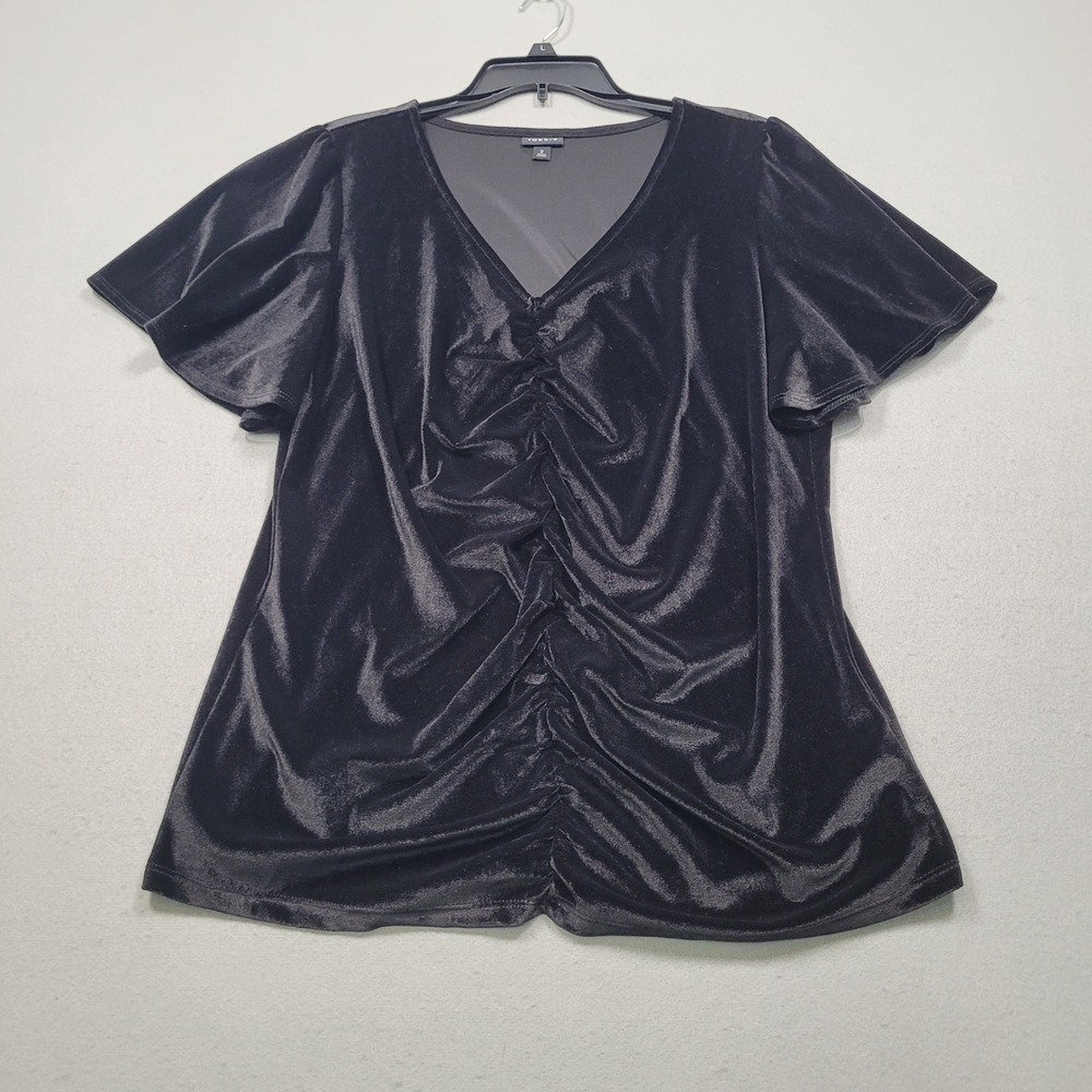Torrid Womens Black Velvet Ruched V-Neck Flutter Sleeve Top 2 2X 2211943